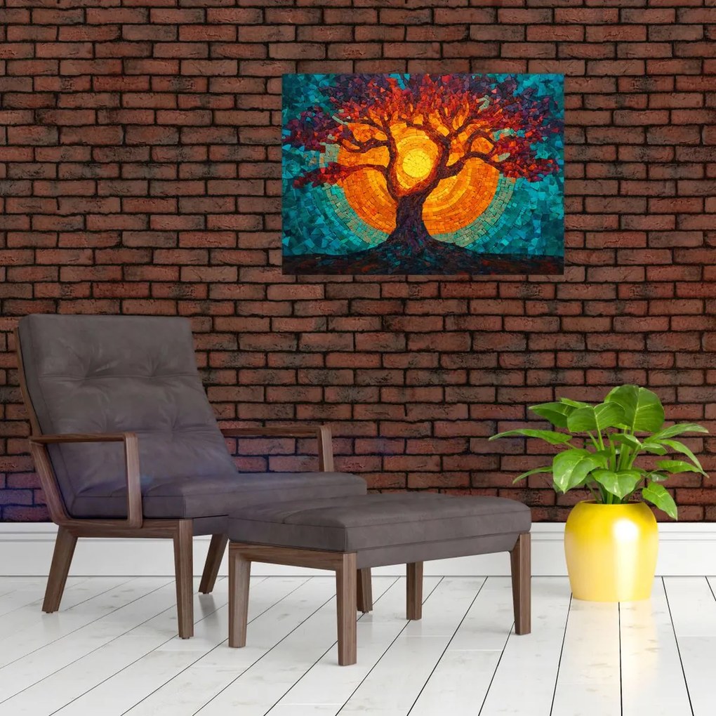 Tablou pe sticlă - Arborele vieții și soarele în mozaic (70x50 cm)