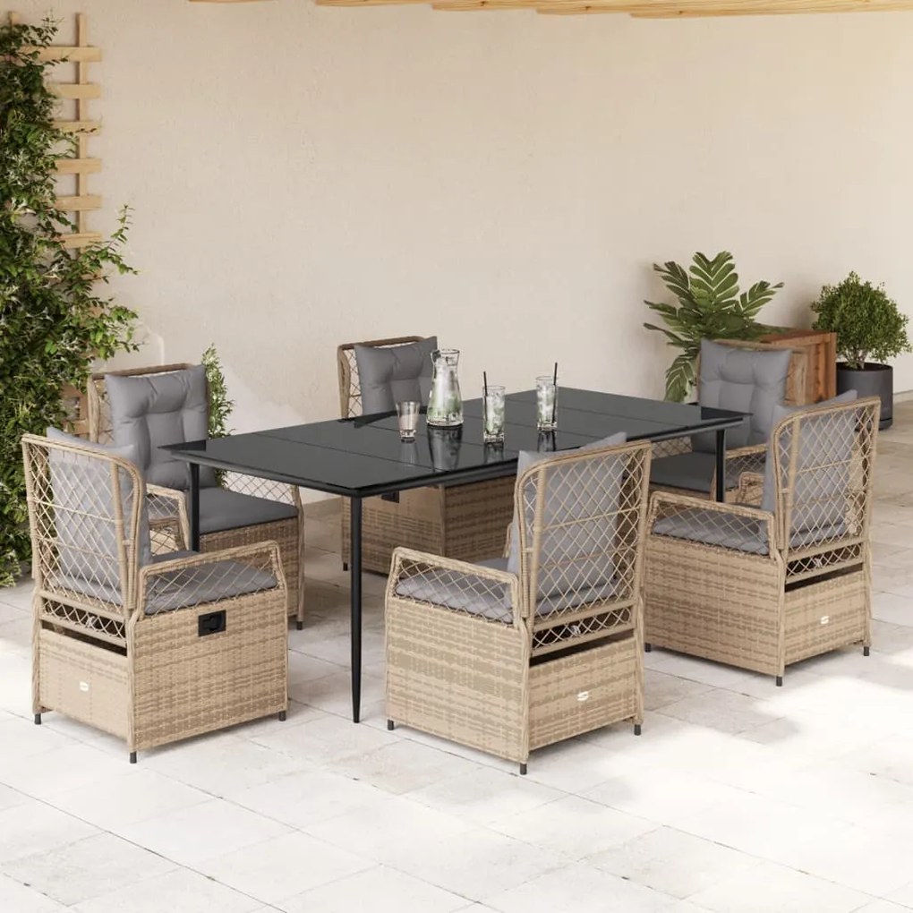 vidaXL Set de masă pentru grădină, 7 piese, cu perne, bej, poliratan