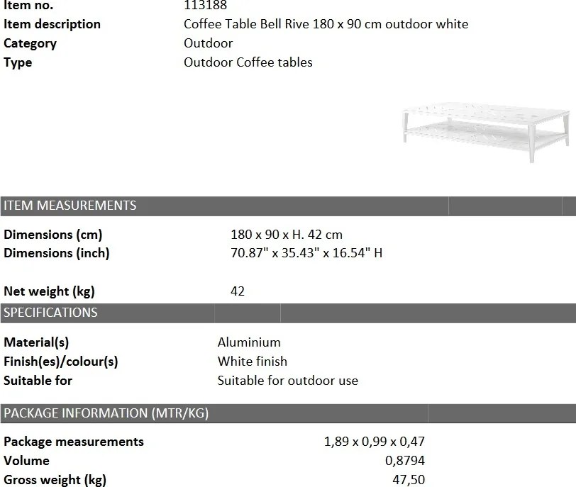 Masuta pentru interior si exterior Bell Rive alb, 180x90cm 113188 HZ