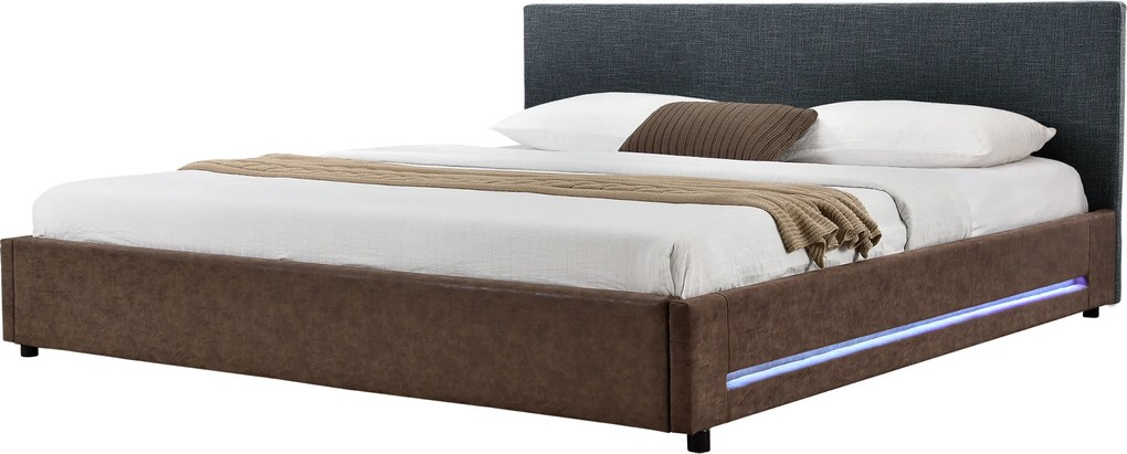 Corium® [my.bed] Pat elegant frantuzesc cu iluminat cu LED - 180x200cm (Partea capului: tesatura negru Rama: imitatie de piele Wild maro) - cu rama pat