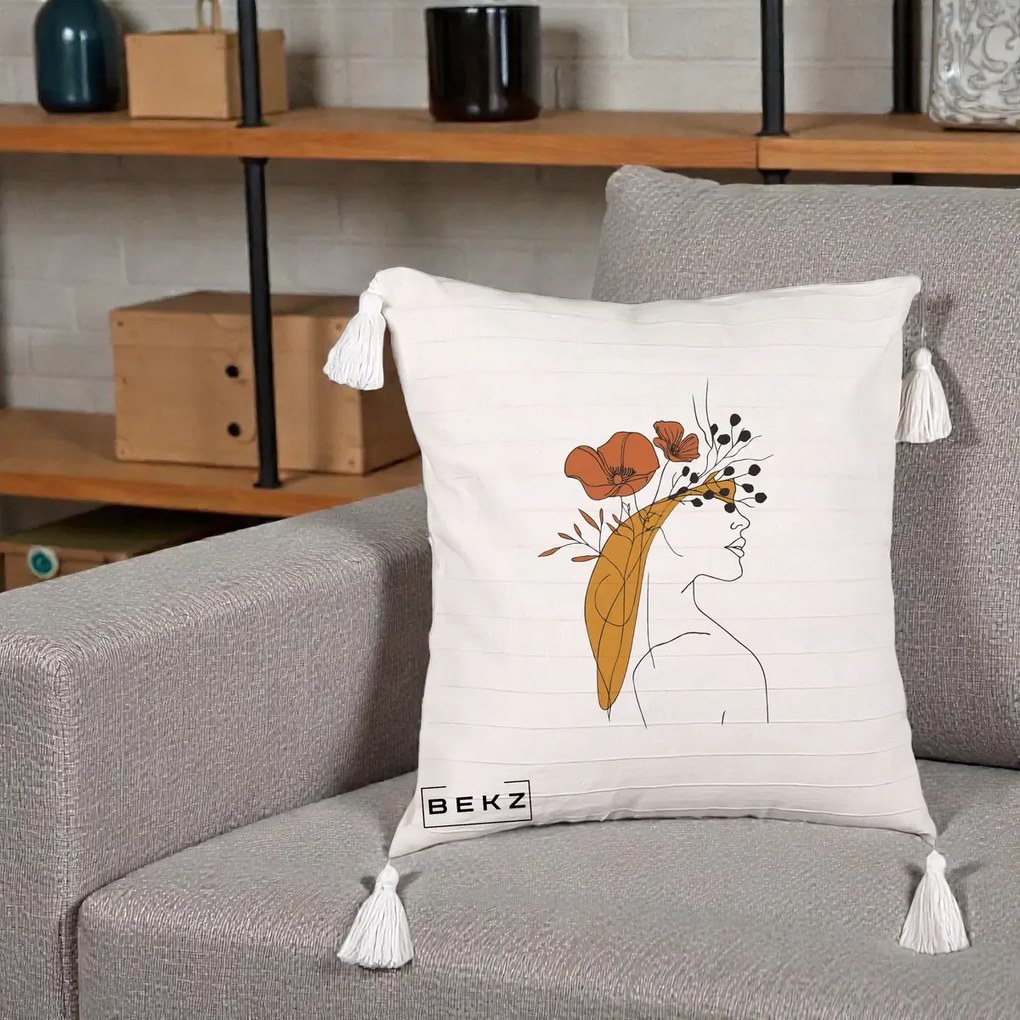 Perna Decorativa Portret Feminin Maci Rosii Auriu, 40x40 cm, Bej cu Franjuri, Husa Detasabila, Perna Inclusa, BEKZ®
