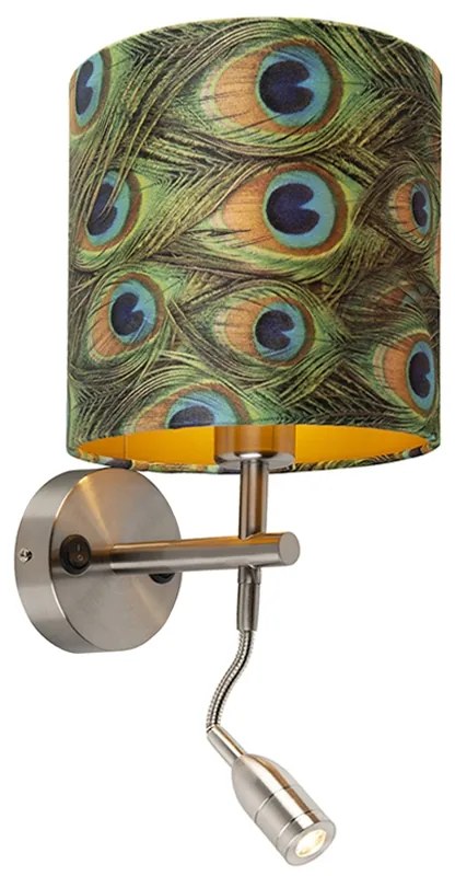 Lampa de perete moderna din otel cu lampa de citit si abajur din catifea 20/20/20 Paun - Auriu