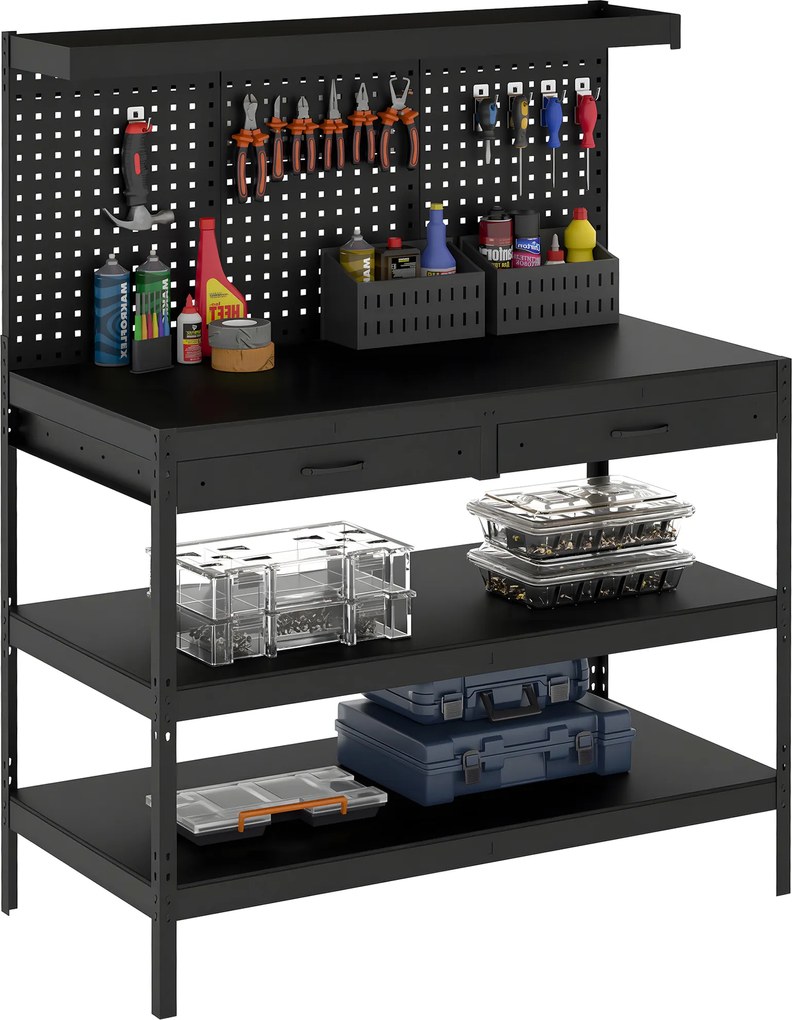 HOMCOM Banc de lucru cu rafturi reglabile, stație de lucru robustă cu panou perforat și 2 sertare, 122 x 61 x 156 cm, Negru | Aosom Romania