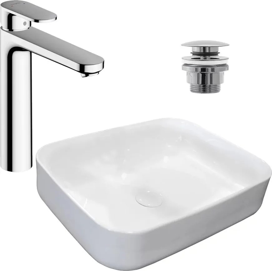 Pachet lavoar pe blat Rea Demi Slim alb 51 cm, baterie lavoar Hansgrohe Vernis Blend crom si ventil lavoar Click-Clack crom