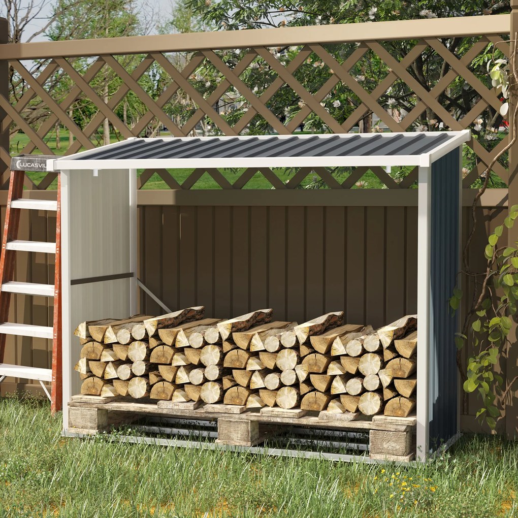 Outsunny Șopron pentru lemne din oțel galvanizat, adăpost depozitare bușteni cu acoperiș înclinat pentru grădină/terasă exterior 185x84x133,5/148,5 cm Gri | Aosom Romania
