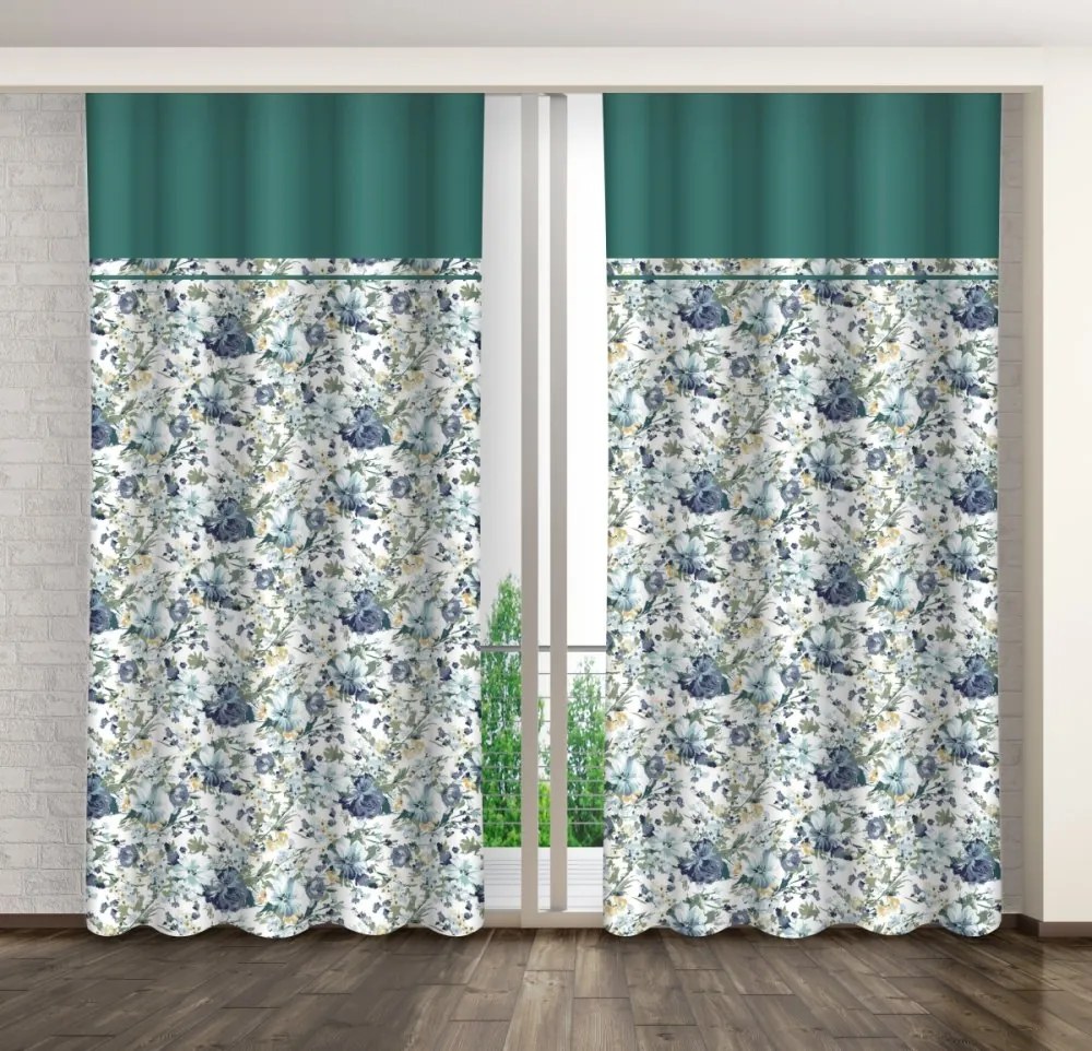 Draperie cu un imprimeu de flori albastre frumoase și o margine turcoaz închisă Înălțime: 160 cm | Lungime: 250 cm