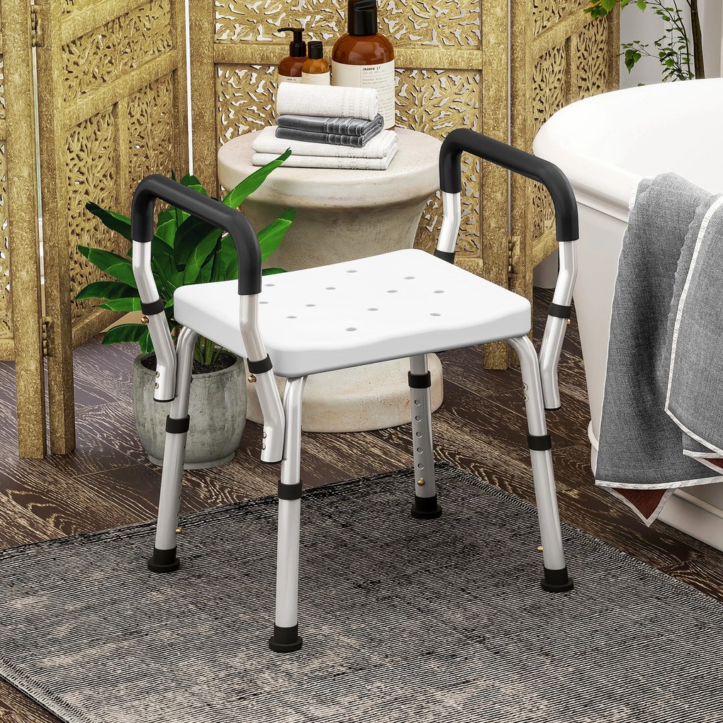HOMCOM Taburet de duș pentru persoane în vârstă și cu dizabilități cu mânere, înălțime reglabilă, tălpi antiderapante, alb | Aosom Romania