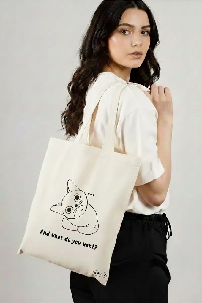Sacosa de Panza pentru Cumparaturi, Geanta Tote, model And what do you want?, 38x34.5 cm, Alba, BEKZ®