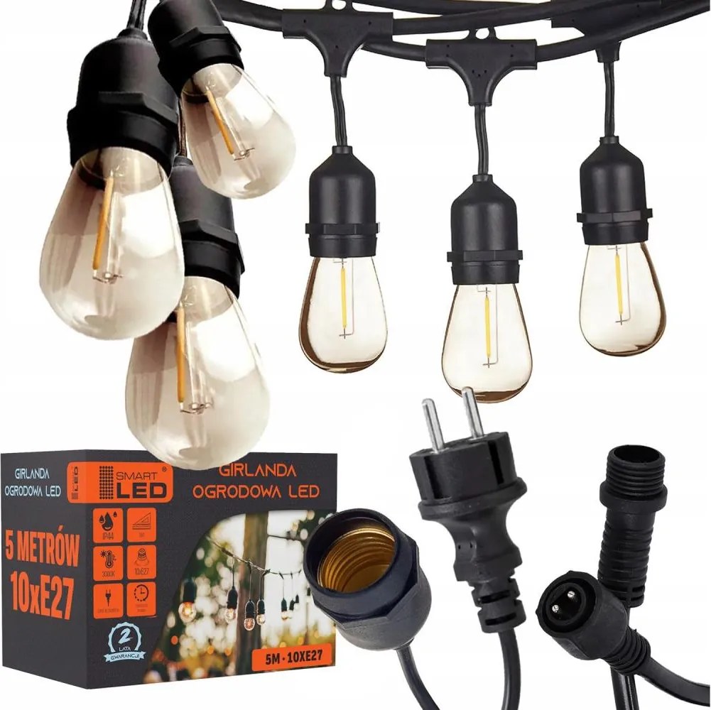 Ghirlandă decorativă LED pentru exterior 10x E27/1 W/230 V, 6,44 m, IP44, negru