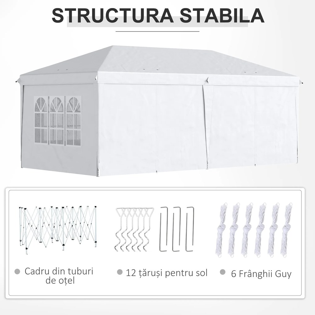 Outsunny Cort 6x3 m pliabil din otel si material Oxford, cort pentru gradina cu 6 pereti laterali, franghii si carlige, alb