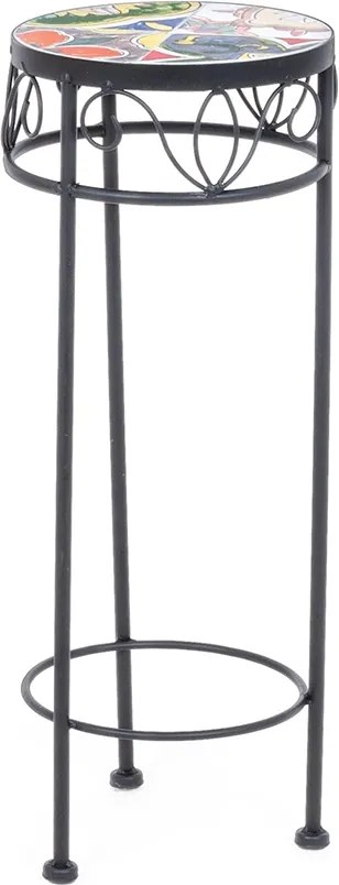 Suport ghiveci flori din fier forjat negru cu blat ceramic multicolor Ø 20 cm x 51 h