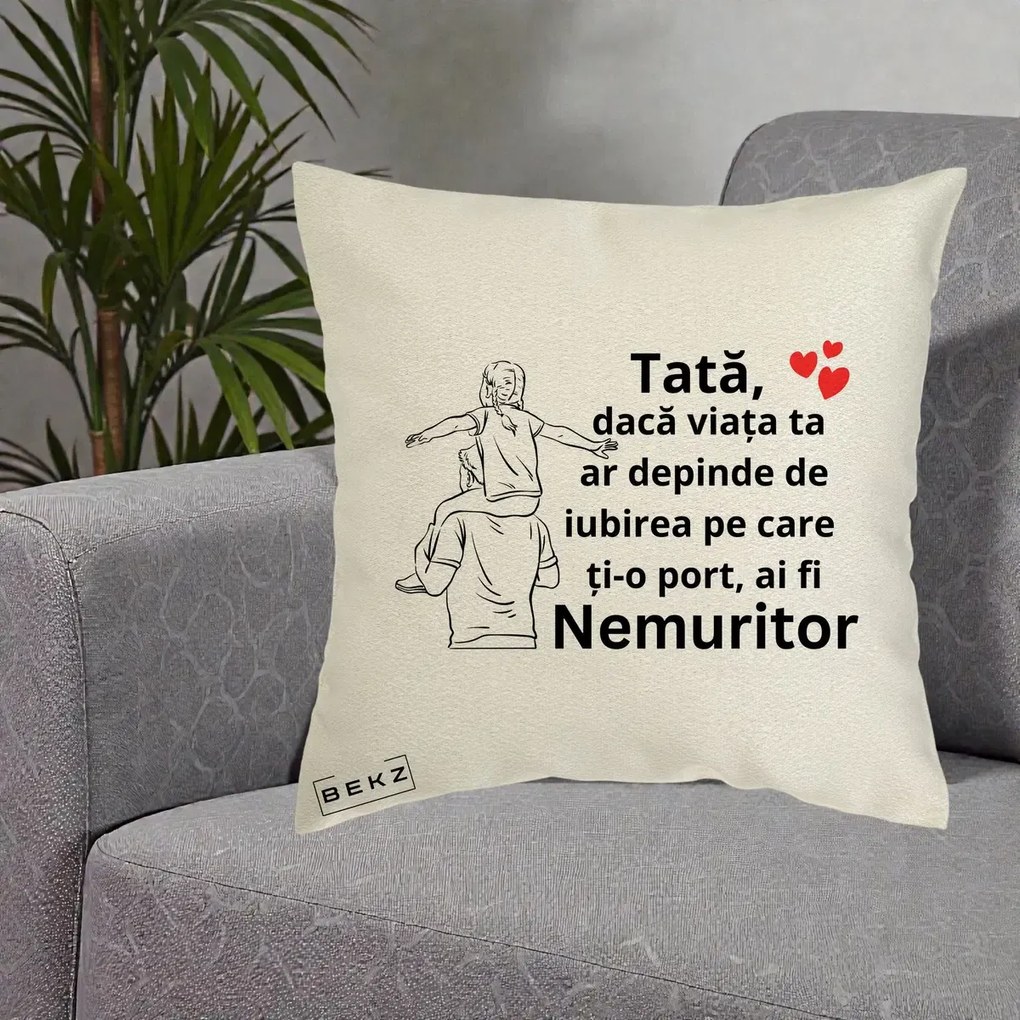 Cadou pentru Tata - Perna Personalizata Tata Supererou Nemuritor, 40x40 cm, Ecru, Husa Detasabila, Perna Inclusa, BEKZ®