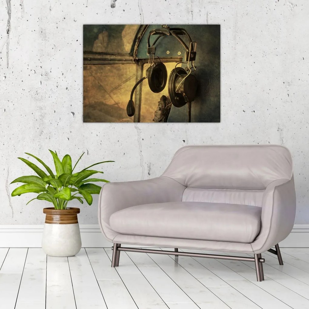 Tablou pe sticlă - Căști de avion de epocă (70x50 cm)
