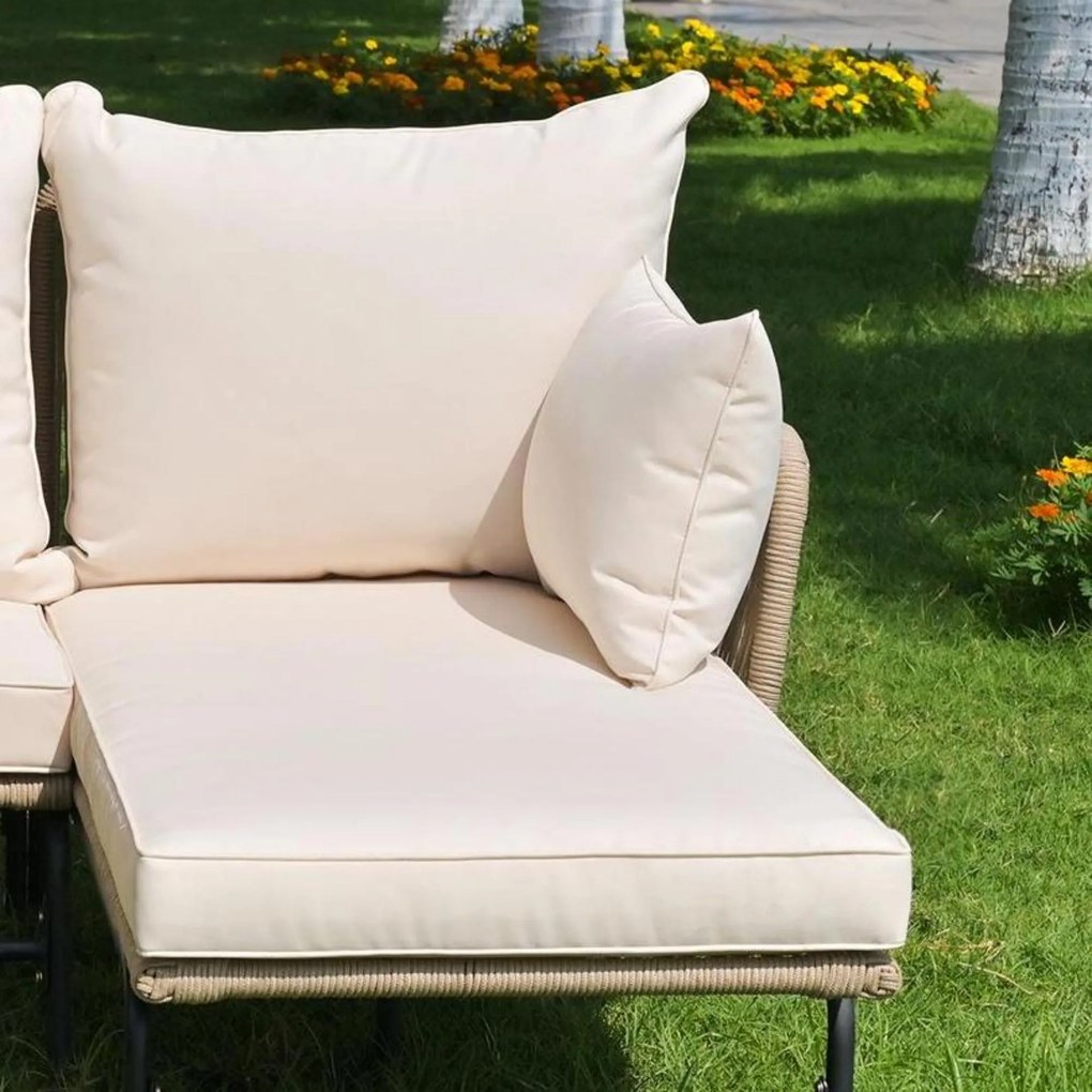 Set de mobilier de grădină cu cadru din fier, acoperit cu frânghie împletită manual și design în formă de L, Bej