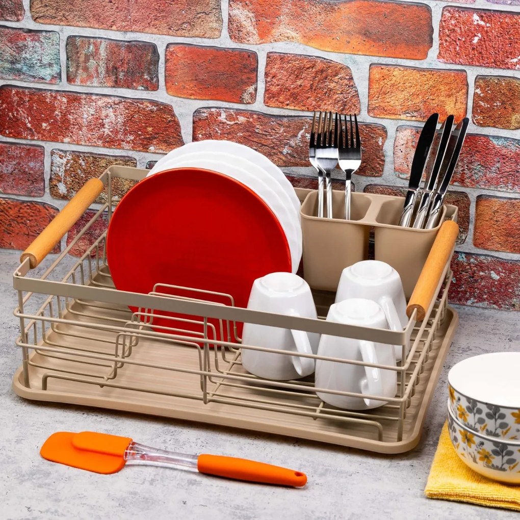 Suport vase otel inoxidabil cu tava detasabila Kinghoff KH1800, scurgator detasabil pentru tacamuri, bej