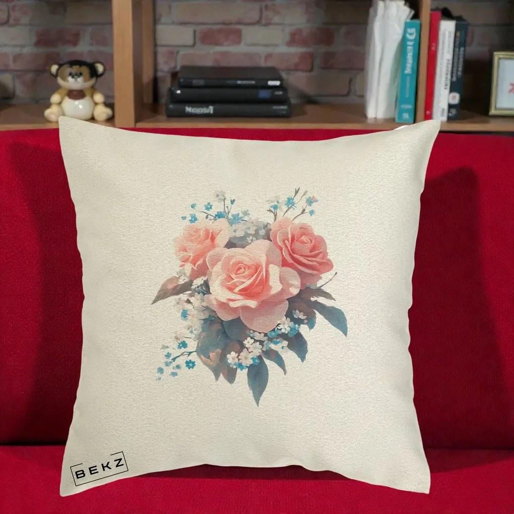 Perna Decorativa Trandafiri Roz cu Floricele Albastre, 40x40 cm, Ecru, Husa Detasabila, Perna Inclusa, BEKZ®