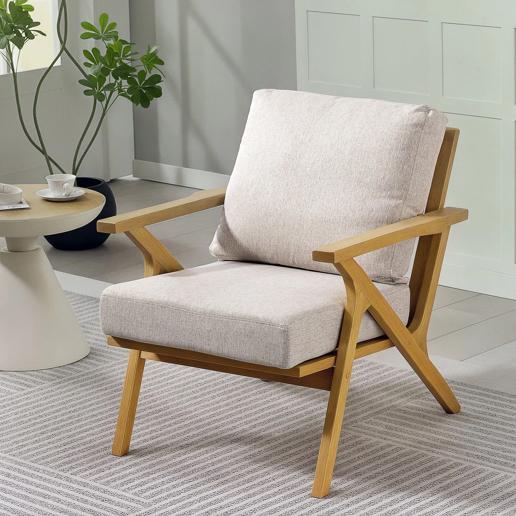 HOMCOM Fotoliu de salon, fotoliu scandinav din stofă cu aspect de in, perne căptușite și picioare din lemn de hevea, 76x87x88cm, bej | Aosom Romania