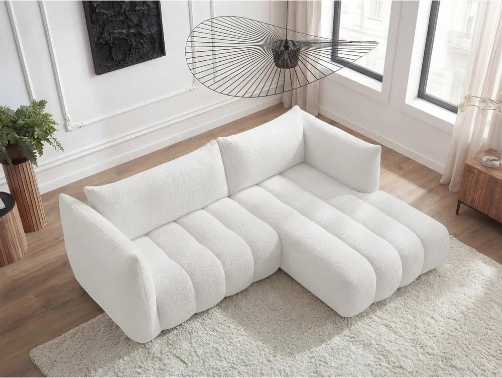 Colțar alb cu tapițerie din țesătură bouclé (cu colț pe partea dreaptă/cu șezlong) Azra – Bobochic Paris