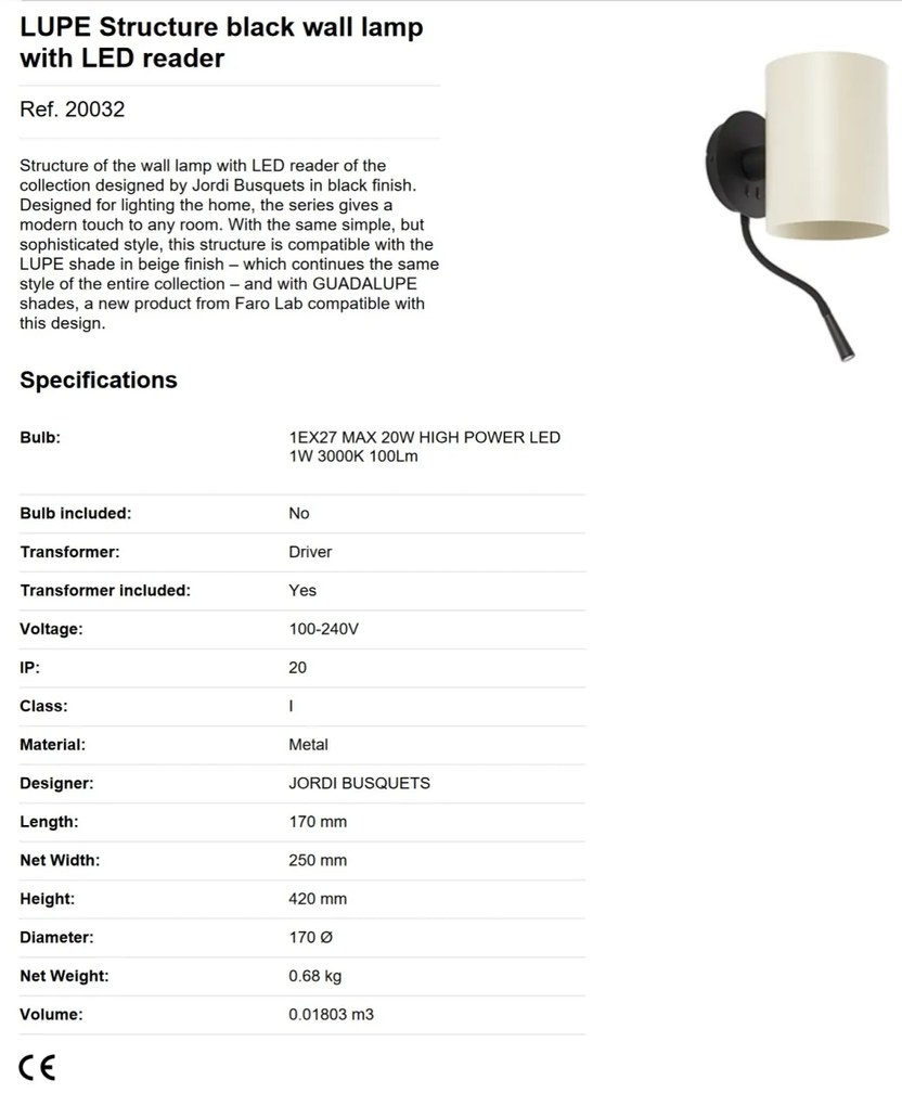 Aplica cu reader LED moderna design elegant LUPE negru/bej