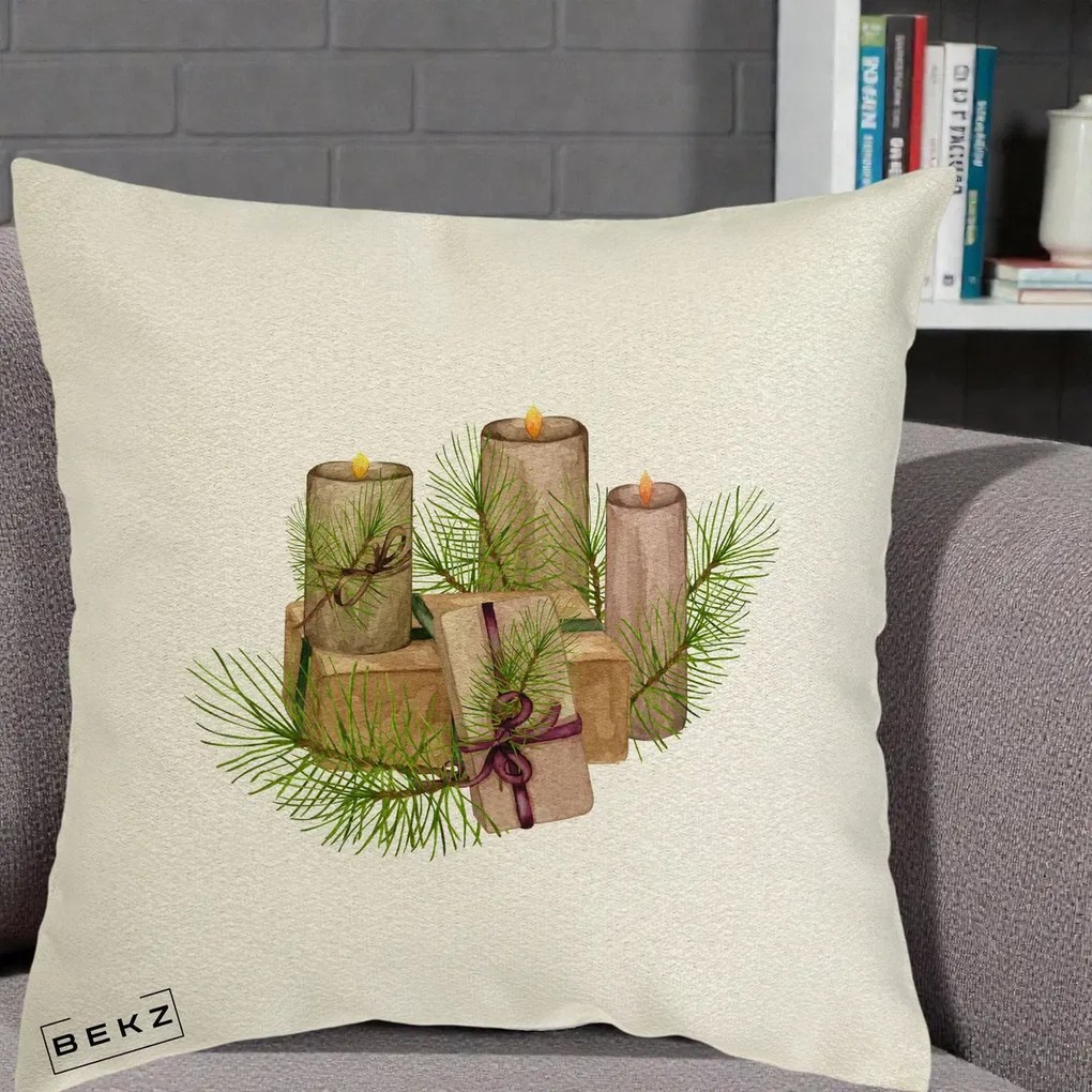 Perna Decorativa Lumanari cu Cadouri Naturale, 40x40 cm, Ecru, Husa Detasabila, Perna Inclusa, BEKZ®