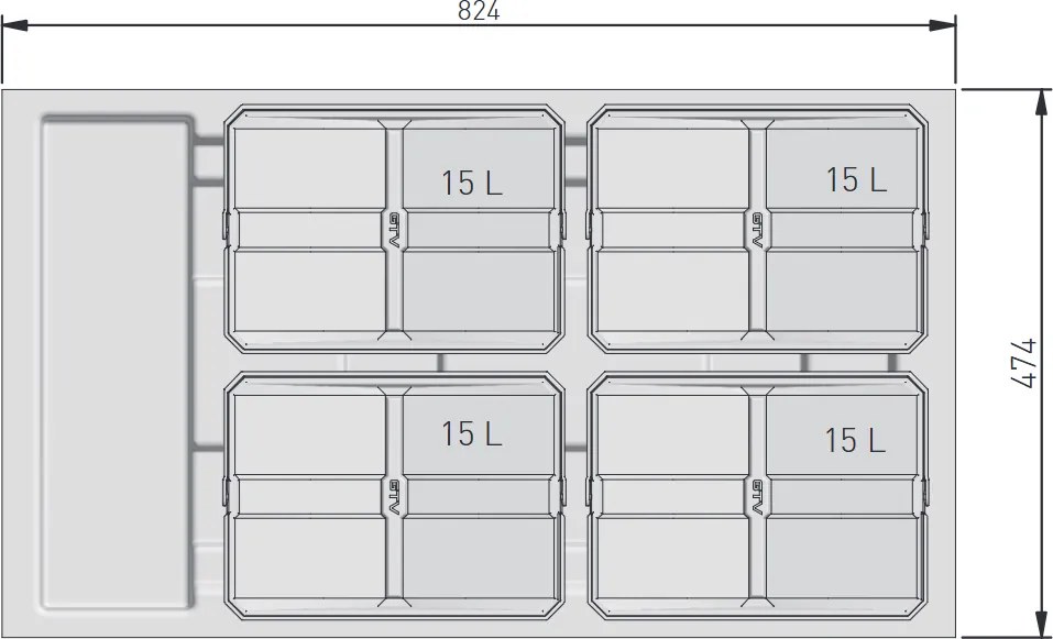 Cos gunoi incorporabil in sertar, Axispace GTV, colectare selectiva, pentru corp de 900 mm, gri antracit, 4 x 15 l Plastic, Gri antracit, L:824 mm;