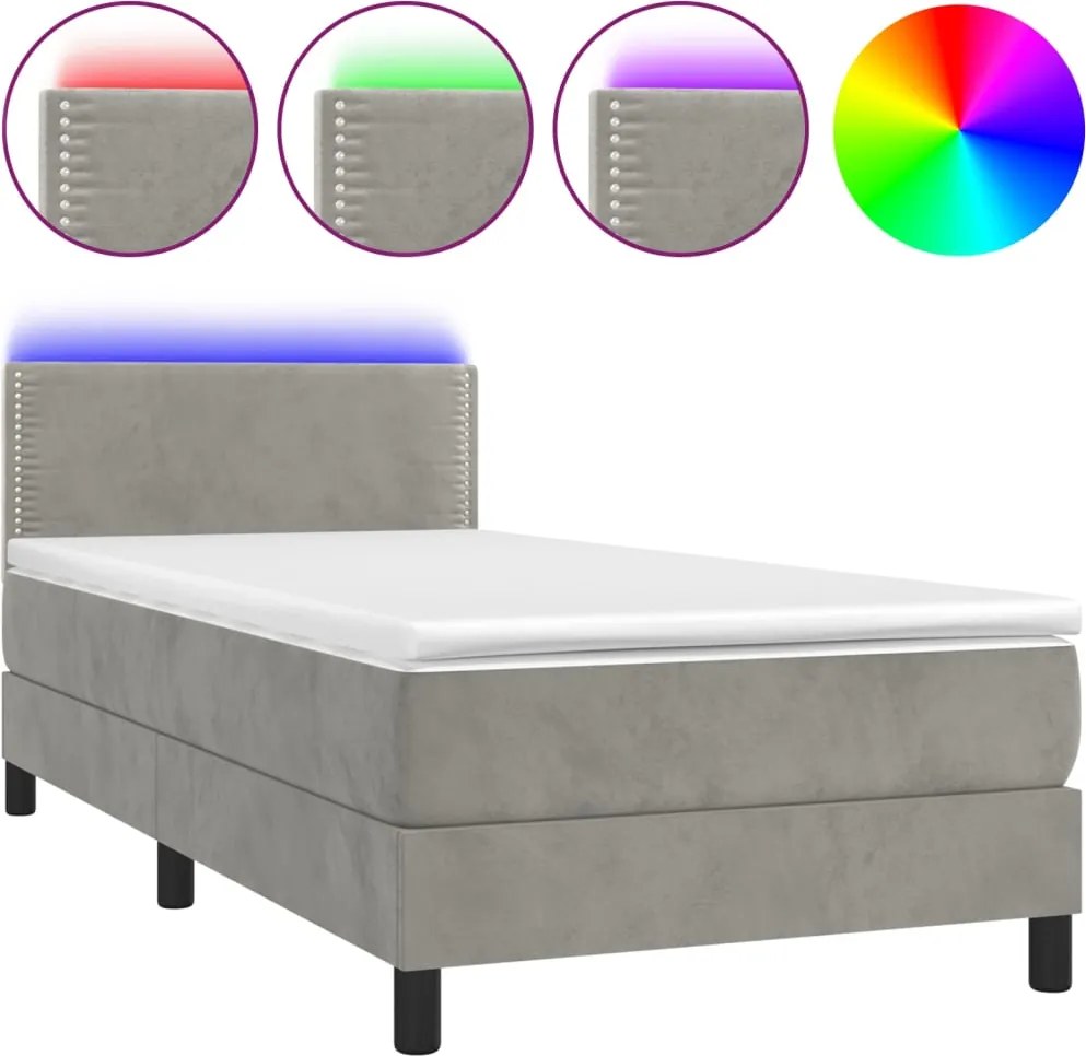 vidaXL Pat cu arcuri, saltea și LED, gri deschis, 90x190 cm, catifea