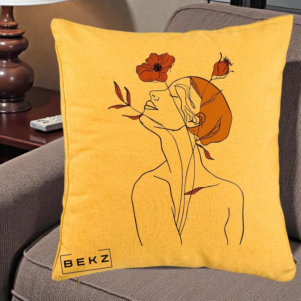 Perna Decorativa Portret Feminin Mac Privire Inalta, 40x40 cm, Galben, Husa Detasabila, Perna Inclusa, BEKZ®