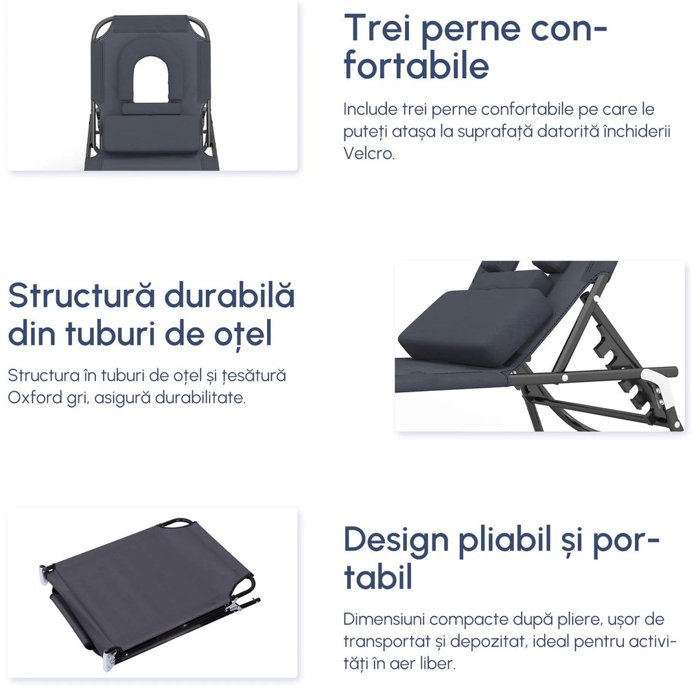 Sezlong Relax Outsunny Pliabil din tesatura Oxford respirabila, structura din otel, Gri | Aosom RO