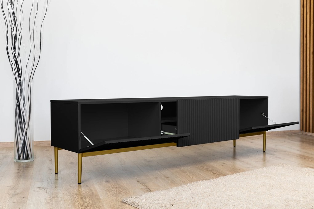 Comodă TV cu sertar Nicole 200 cm cu picioare metalice - negru mat / picioare aurii