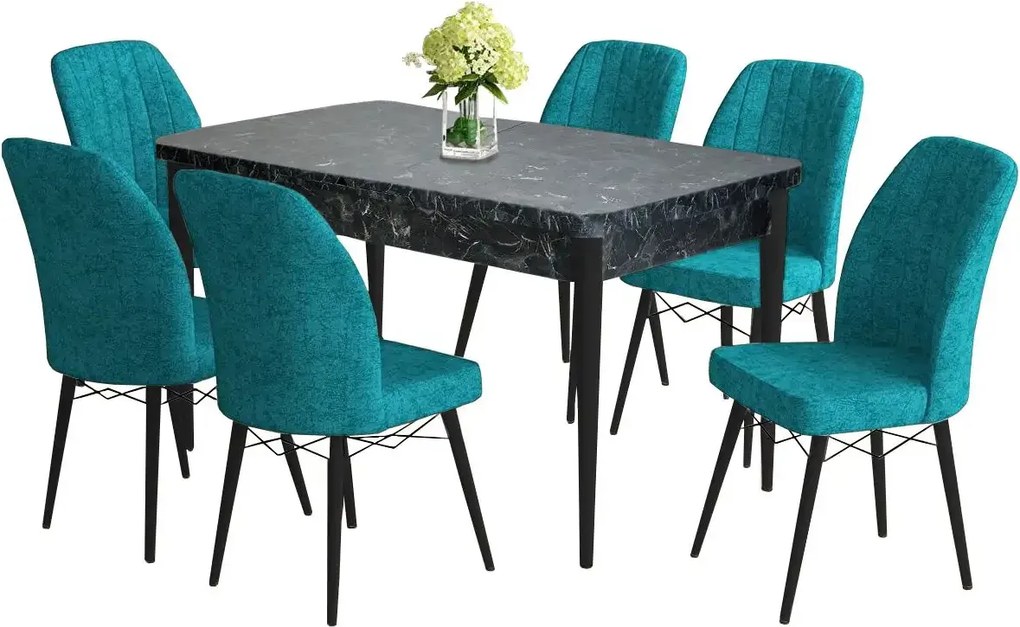 Set masa extensibila negru marmorat cu 6 scaune tapitate Cargold Turcoaz