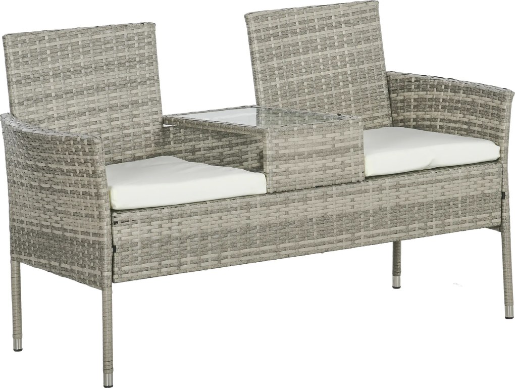Outsunny Bancă de grădină din rășină împletită 2 locuri cu masă și perne - 135 x 64 x 81 cm - pentru balcon și terasă negru | Aosom Romania