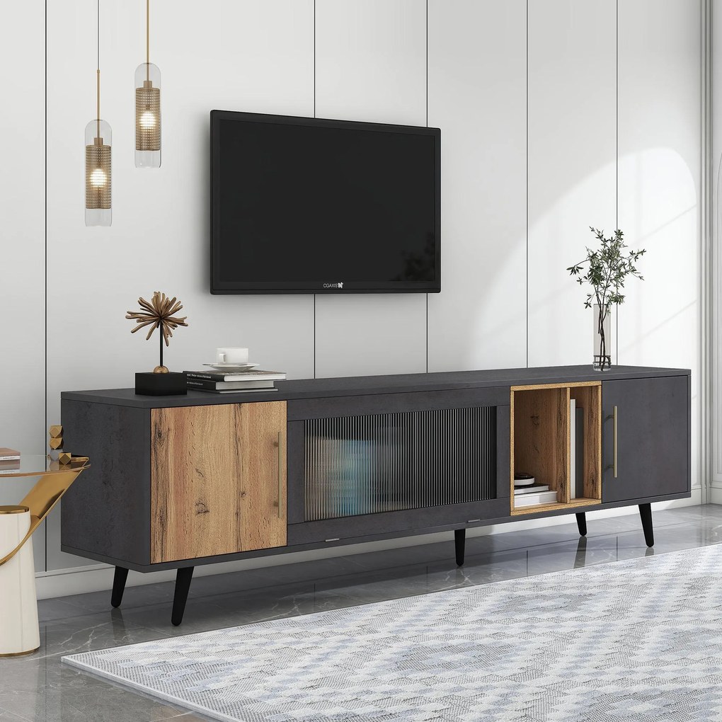 Mobilier TV cu textură gri, 3 uși și spațiu deschis, Gri | Aosom Romania