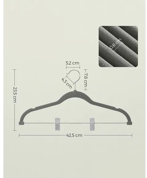 Set De 12 Umerase Din Catifea Cu Cleme Reglabile, Gri, 42.5 Cm