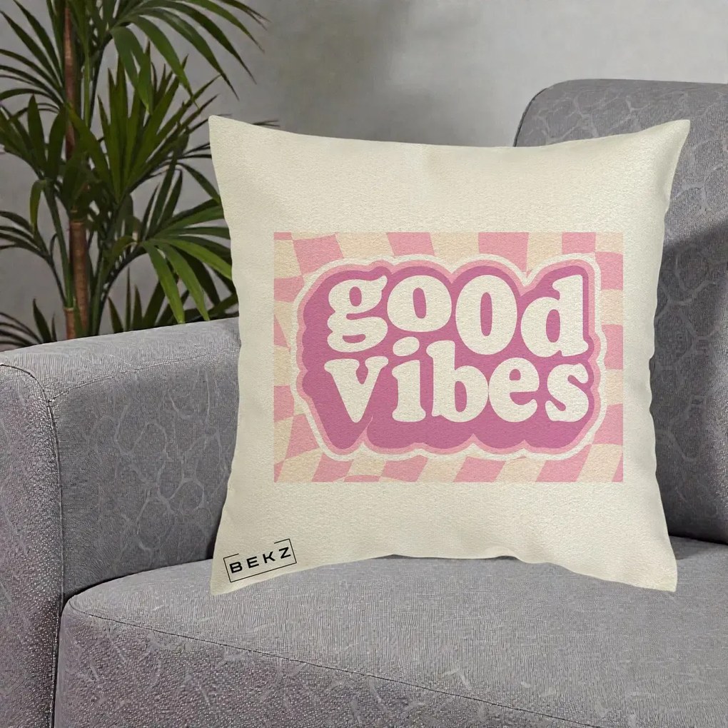 Perna Decorativa Good Vibes Retro Roz, 40x40 cm, Ecru, Husa Detasabila, Perna Inclusa, BEKZ®