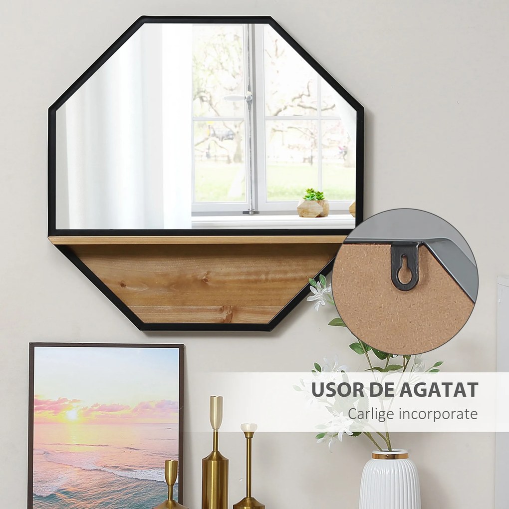 HOMCOM Oglinda de perete octogonala 61x61cm cu raft de depozitare din lemn | Aosom Romania