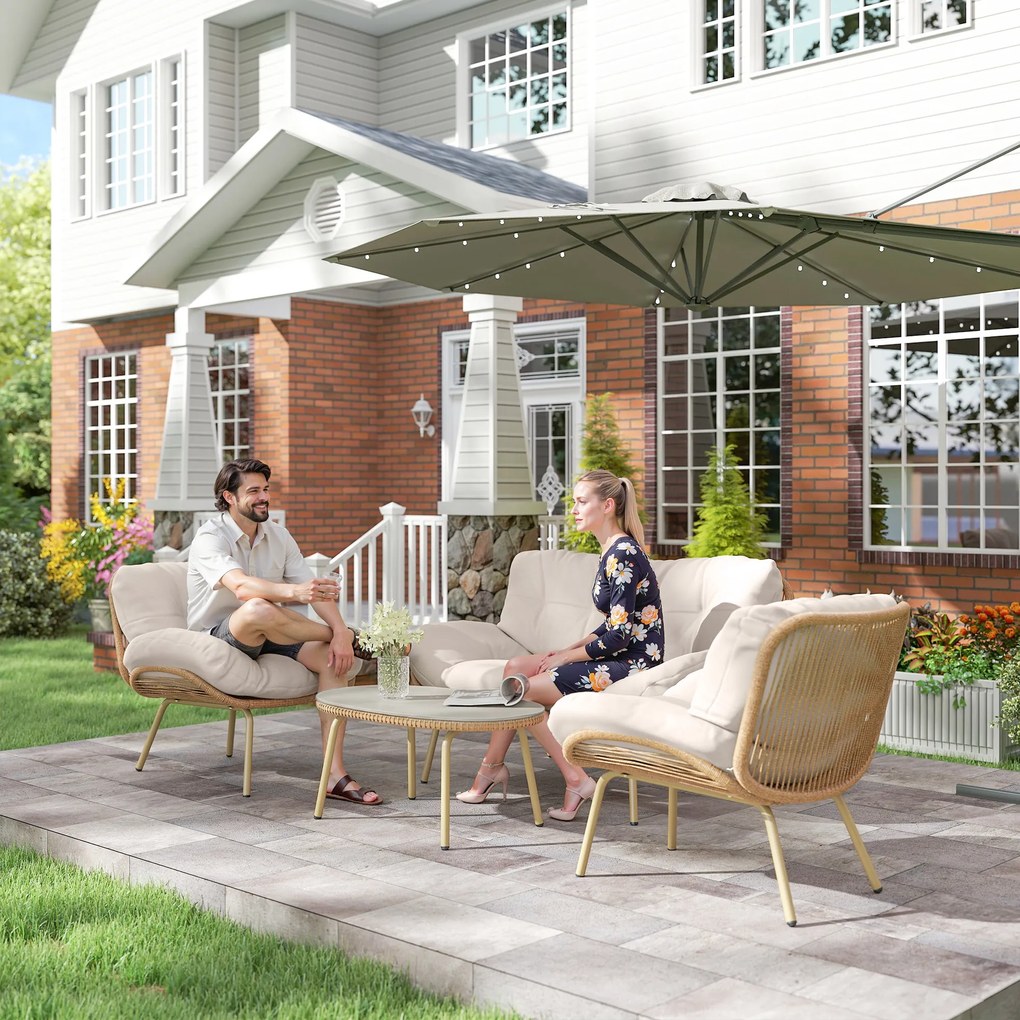 Outsunny Set mobilier grădină 4 piese Set lounge din polyrattan cu canapea 2 locuri 2 fotolii masă Șezut adânc Perne groase | Aosom Romania