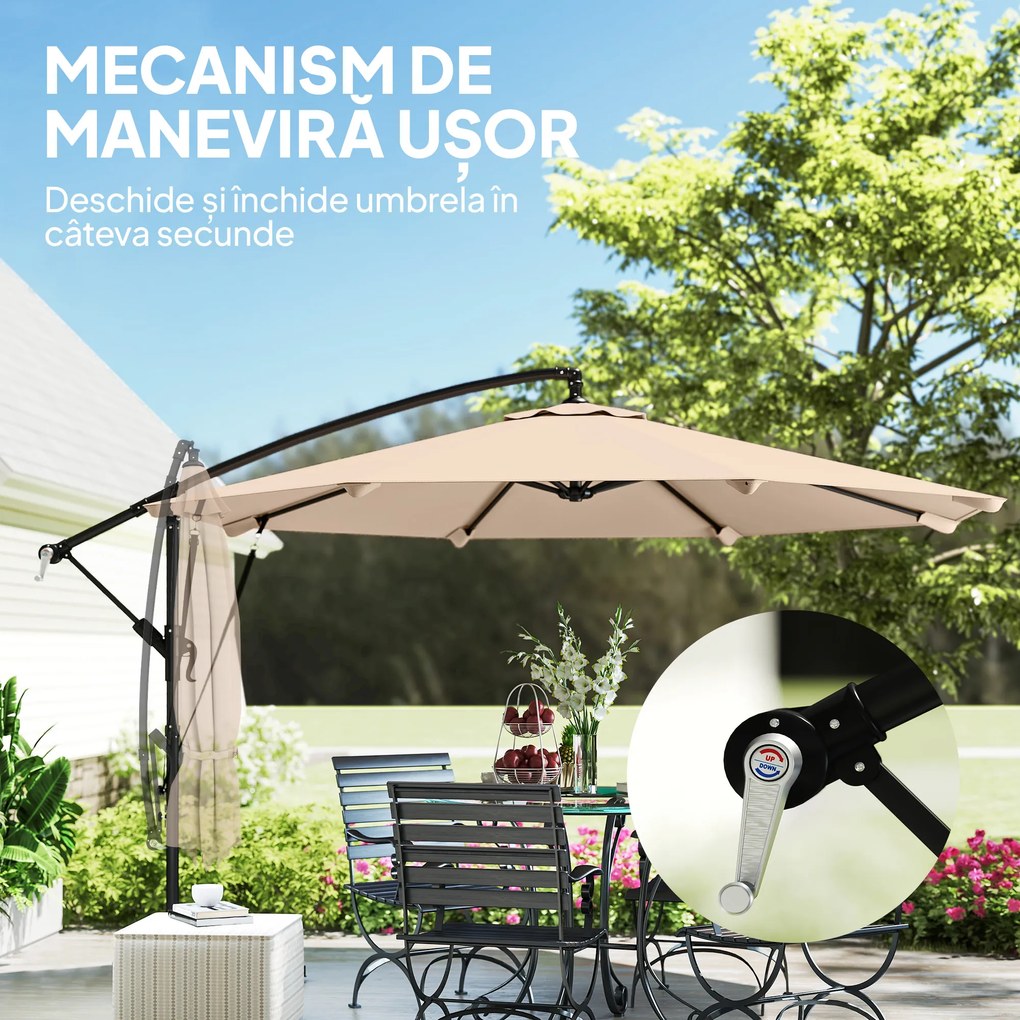 Outsunny Umbrelă cu Braț Lateral 3 m, Umbrelă Banana cu Manivelă, Culoare Bej | Aosom Romania