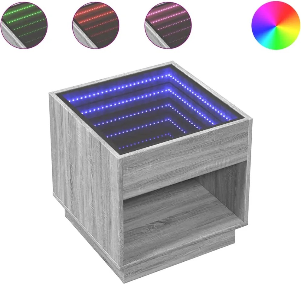 vidaXL Noptieră cu LED infinity, gri sonoma, 50x50x50 cm