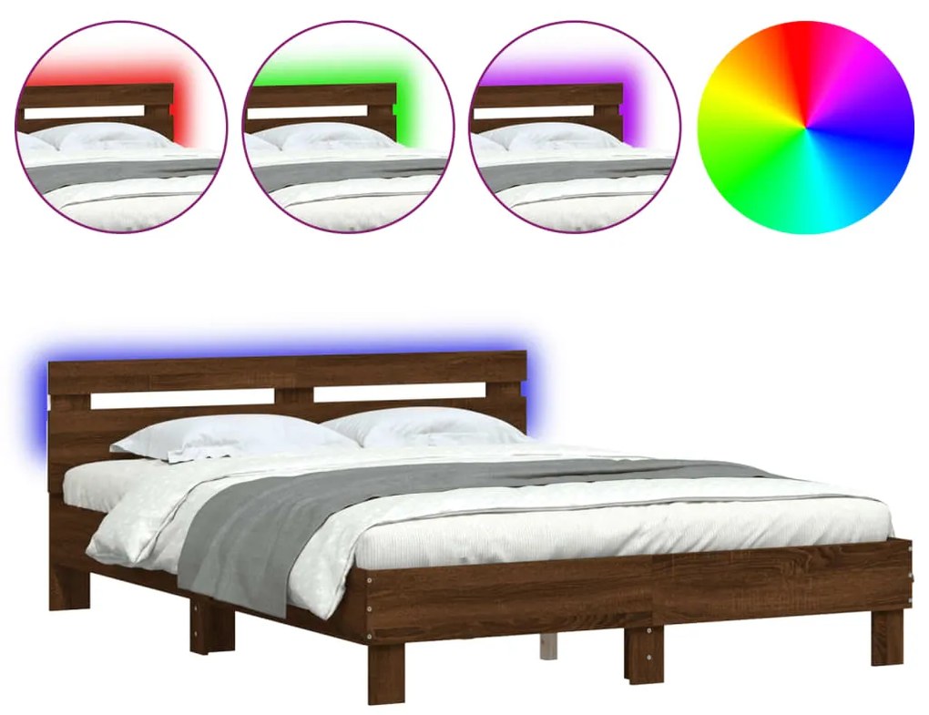 3207545 vidaXL Cadru de pat cu tăblie și LED, stejar maro, 150x200 cm