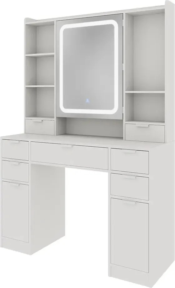 Masuta machiaj cu Oglinda LED si 7 Sertare pentru Cosmetice, Set Masa toaleta 105 cm, Alb, masuta cosmetica, vanity - SEA810
