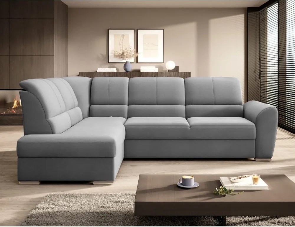 Colțar gri extensibil/cu spațiu de depozitare cu tapițerie din catifea (cu colț pe partea stângă/în formă de ”L”) Siber – ELTAP