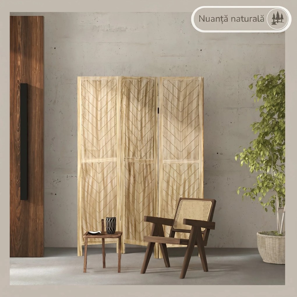 HOMCOM Separator de Cameră cu 3 Panouri, Ecran de Confidențialitate Pliabil Portabil pentru Interior din Lemn Masiv, Despărțitor de Perete, 120x170x1.6 cm, Natural