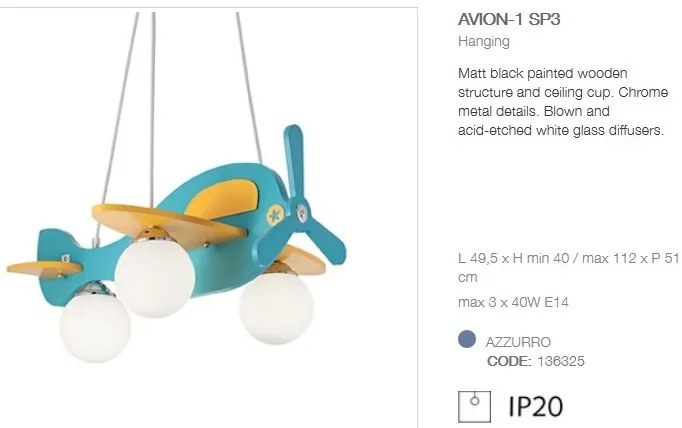 Lustra pentru camera copii AVION-1 SP3 AZZURRO 136325
