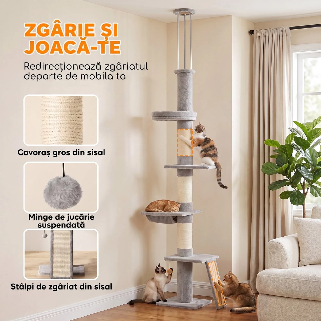 PawHut Ansamblu de Zgâriat pentru Pisici până la Tavan, 230-260 cm, 3 Stâlpi de Zgâriat, Hamac, Pluș, Gri Deschis | Aosom Romania