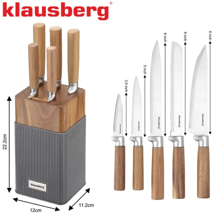 Set cuțite Klausberg KB 7983, 6 piese, Oțel inoxidabil, Mâner lemn de salcâm, Maro/grafit