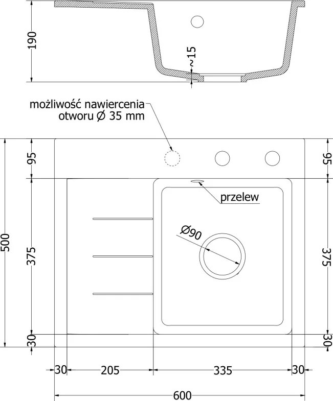 Mexen Ben chiuvetă granit cu 1 compartiment și scurgător, dreapta 600 x 500 mm, alb, sifon auriu - 6523605000-20-G