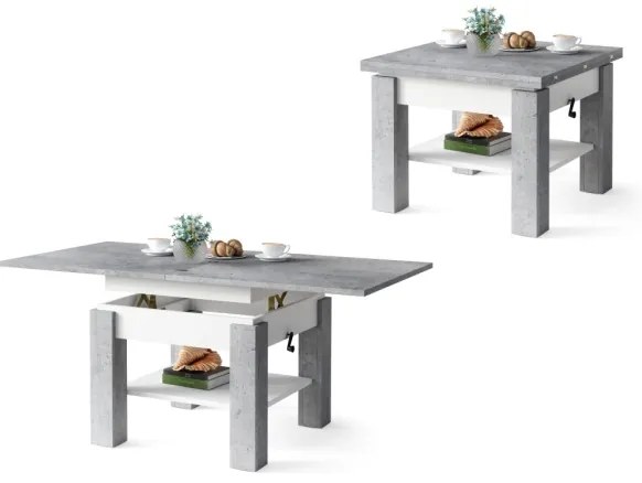 Masă extensibilă CALEB pentru living și dining cu blat cu mecanism de ridicare, gri beton/alb