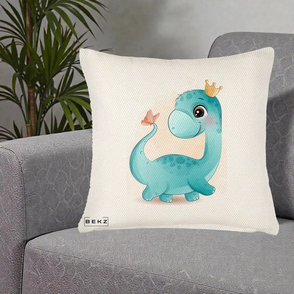 Perna Personalizata Dinozaur Bland Coroana Kawaii, 40x40 cm, Crem Reliefat, Husa Detasabila, Perna Inclusa, BEKZ®
