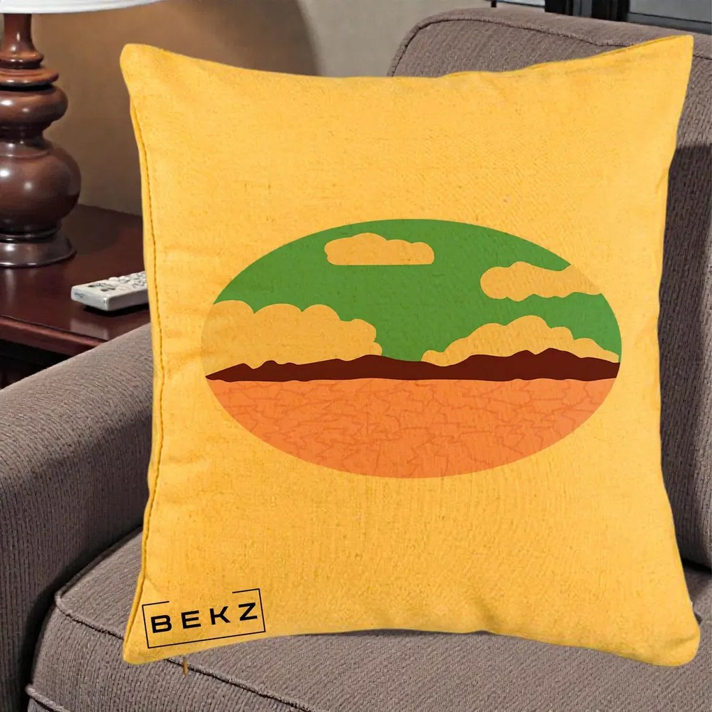 Perna Decorativa Peisaj Desert Oval Pastel, 40x40 cm, Galben, Husa Detasabila, Perna Inclusa, BEKZ®