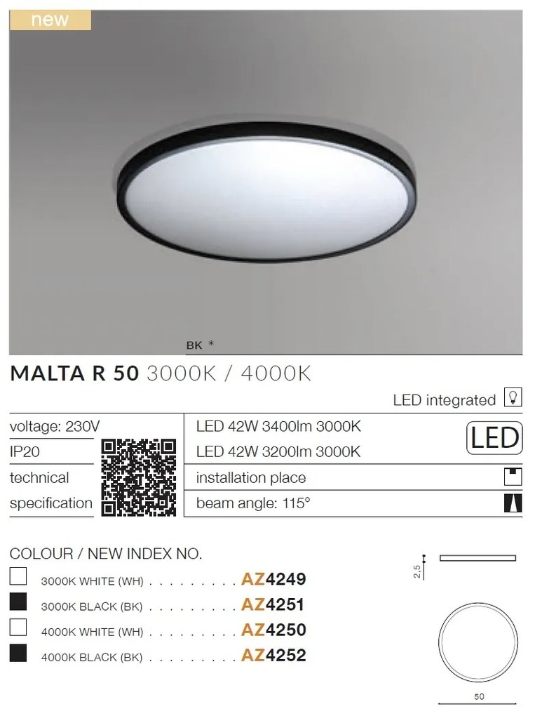 Plafoniera LED design slim MALTA R 50 3000K alba
